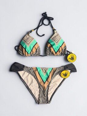 Body Glove 2 Piece Bikini NWT Turquoise Black White Tan Women's L Beach